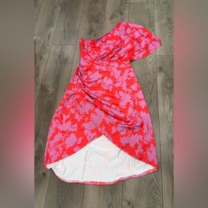 One-Shoulder Red and Pink Floral Dress